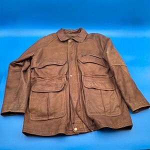 Excelled Mens Brown Leather Jacket Field Parka Style Size Large Heavy VTG Y2K